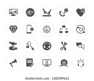 20 Video call, Eye, Rate, List, Megaphone, Heart, Communication, Headphones, Mobile phone modern icons on round shapes, vector illustration, eps10, trendy icon set.