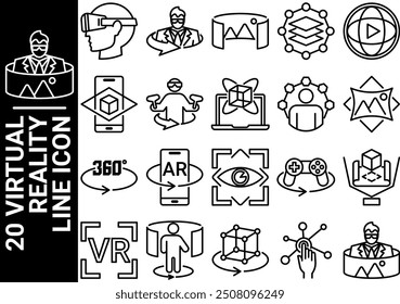 20 virtual reality line icon, black and white