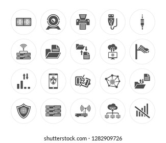 20 Wall socket, Web camera, Wifi router, Data, Security, Audio jack, Cloud computing, Broken, Low, Files and folders modern icons on round shapes, vector illustration, eps10, trendy icon set.