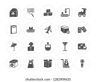 20 Warehouse, Barcode, Package, Gift, Motorbike, Stopwatch, Umbrella, Conveyor modern icons on round shapes, vector illustration, eps10, trendy icon set.