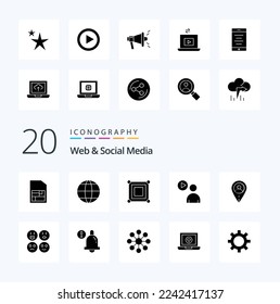 20 Web And Social Media Solid Glyph icon Pack like watch play  user  box