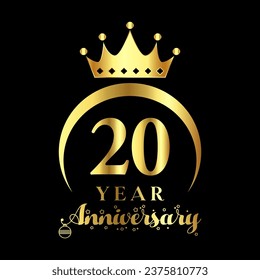 20 year anniversary celebration. Anniversary logo with crown and golden color vector illustration.