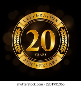 20 Year Anniversary celebration template design, with shiny ring and gold ribbon, laurel wreath isolated on black background, logo vector