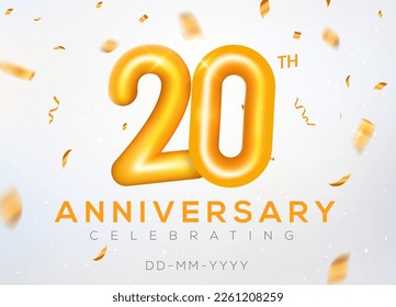 20 year anniversary gold number celebrate jubilee vector logo background. 20th anniversary event golden birthday design