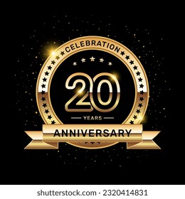 20 year anniversary logo with a number and golden ribbon, vector template