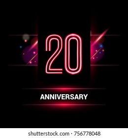 20 Year Anniversary vector logo design using neon style with flare ornament isolated on dark background