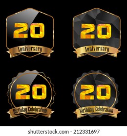 20 year birthday celebration golden label, 20th anniversary decorative polygon golden emblem - vector illustration eps10