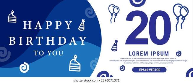 20 year celebration Creative Happy Birthday Text. Blue color decorative banner design, Vector illustration.