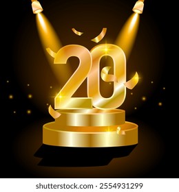 20 year Celebration Golden Award Graphics Background. Entertainment Spot Light Hollywood Template Luxury Premium Corporate Abstract Design Template Banner Certificate.
