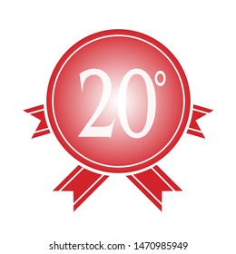 20 year luxurious logo. Anniversary year of 20 th vector white template on red background with ribbons. Greetings ages celebrates. Celebrating 20 st place symbol of victory and success