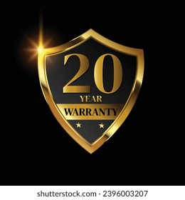 20 year warranty logo with golden shield and golden ribbon.Vector illustration.