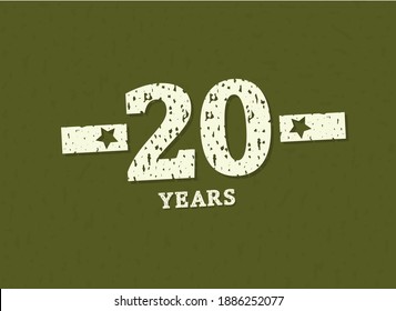 20 years anniversary with badge military, grunge pattern. Army design with star on green camouflage background. Vector perfect for any military labels, posters and armed force etc.