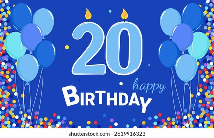 20 anos. Banner do aniversário. Velas com números azuis e balões em um fundo azul com confete.