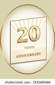 20 years anniversary, birthday card with 20th in gold color, vector design for celebration, invitation and greeting card, logo, template.