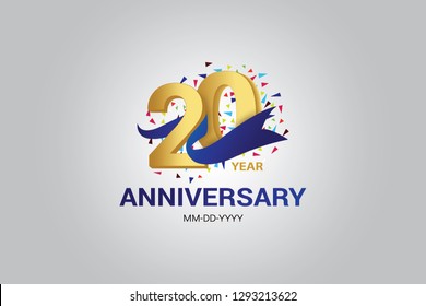 20 years anniversary blue ribbon celebration logotype. anniversary logo with golden and Spark light white color isolated on black background, vector design for celebration, invitation card-Vector