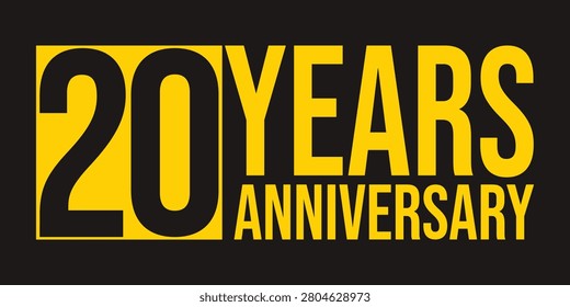 20 years anniversary bold typographic logo design. Yellow and black twentieth-anniversary vector icon.