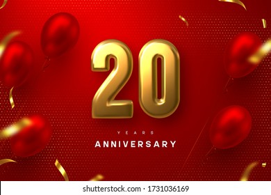 20 years anniversary celebration banner. 3d golden metallic number 20 and glossy balloons with confetti on red spotted background. Vector realistic template.