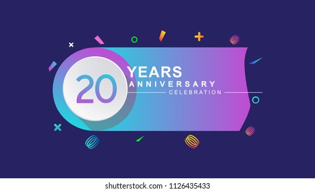 20 years anniversary celebration with colorful design, circle and ribbon isolated on dark background
