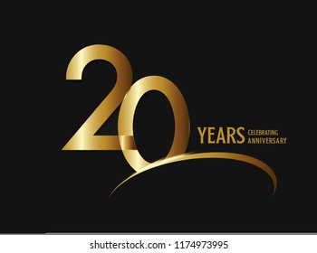 20 years anniversary celebration design. anniversary logo with swoosh and golden color isolated on black background, vector design for greeting card and invitation card.