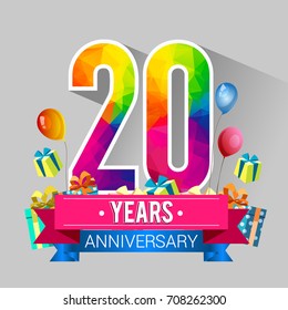 20 Years Anniversary Celebration Design, with gift box and balloons, red ribbon, Colorful polygonal logotype, Vector template elements for your birthday party.