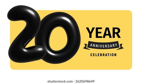 20 years anniversary celebration with glossy black balloon numbers. Stylish modern design for corporate greeting cards, birthday banners, party invitations. Vector illustration.
