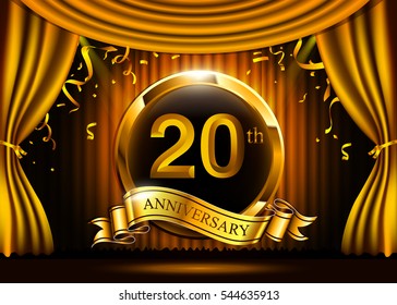 20 years anniversary celebration. with gold ribbon. Curtain background and light shine.