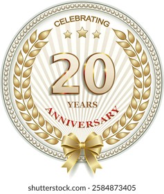 20 years anniversary celebration, greeting card, festive background with jubilee numerals with stars and laurel wreath, birthday card, icon. Vector illustration