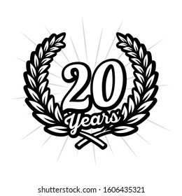20 years anniversary celebration with laurel wreath. Twentieth anniversary logo. Vector and illustration.
