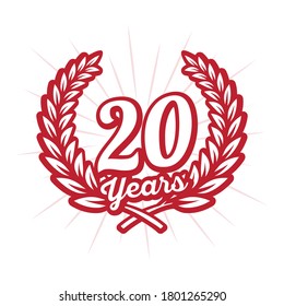 20 years anniversary celebration with laurel wreath. 20th anniversary logo. Vector and illustration.