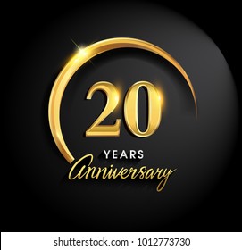 20 years anniversary celebration. Anniversary logo with ring and elegance golden color isolated on black background, vector design for celebration, invitation card, and greeting card