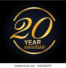 20 years anniversary celebration. Anniversary logo with ring and elegance golden color isolated on black background, vector design for celebration, invitation card, and greeting card