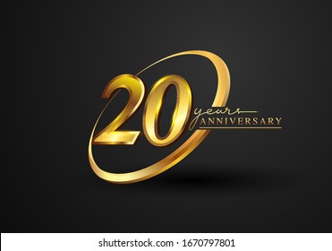 20 Years Anniversary Celebration. Anniversary logo with ring and elegance golden color isolated on black background, vector design for celebration, invitation card, and greeting card