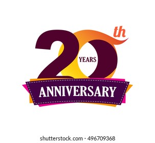 20 years anniversary celebration logo design with decorative ribbon or banner. Happy birthday design of 20th years anniversary celebration. Number 20 template logo with banner / ribbon. 20 years old.