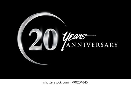 20 years anniversary celebration. Anniversary logo with silver ring elegant design isolated on black background, vector design for celebration, invitation card, and greeting card
