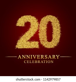 20 years anniversary celebration logotype. Logo gold pile of dry rice on red background. Number nest and fuzz gold foil.