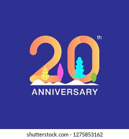 20 years anniversary celebration logotype. Multicolor number with modern leaf and snow background. Design for booklet, leaflet, magazine, brochure, invitation or greeting card. Vector illustration. 