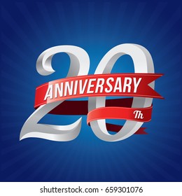 20 years anniversary celebration logotype. 20th silver number with red ribbons on blue background