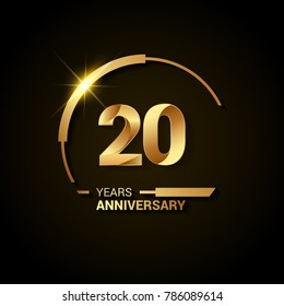 Logotipo de comemoração de aniversário de 20 anos. Ilustração vetorial elegante dourada com meio círculo, isolado em fundo preto pode ser usado para celebração, convite e cartão de saudação