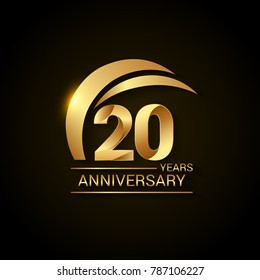 20 Years Anniversary Celebration Logotype. Golden Elegant Vector Illustration  with Gold Swoosh,  Isolated on Black Background can be use for Celebration, Invitation, and Greeting card