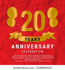 20 Years Anniversary celebration. Luxury happy birthday card background with elements balloons and ribbon with glitter effects. Abstract Red with Confetti and Golden Ribbon. Vector Illustration EPS10