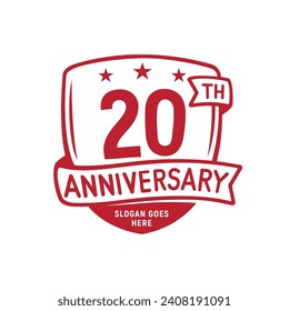 Plantilla de diseño de escudo de celebración de 20 años. Logo del 20 aniversario. Vector e ilustración.