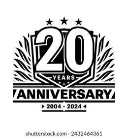 Plantilla de diseño de escudo de celebración de 20 años. Logo del 20 aniversario. Vector e ilustración.