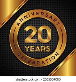 20 años de aniversario, celebración de aniversario diseño vectorial con color dorado sobre fondo de textura negra, diseño simple y de lujo. plantilla de vector de logotipo