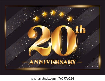20 Years Anniversary Celebration Vector Logo. 20th Anniversary Gold Icon with Stars and Frame. Luxury Shiny Design for Greeting Card, Invitation, Congratulation Card. Isolated on Black Background. 