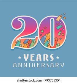 20 years anniversary celebration vector icon, logo. Template design element with bright colored number for 20th anniversary greeting card