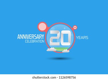 20 years anniversary design with pop art style red circle and cloud isolated on blue background