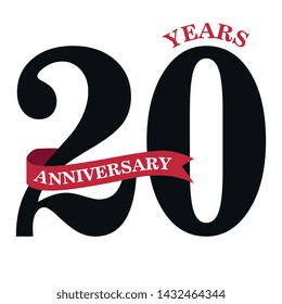 20 years anniversary design with red ribbon isolated on white background for celebration event