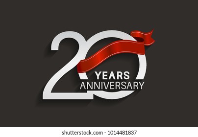 20 years anniversary design with silver color and red ribbon isolated on black background for celebration event