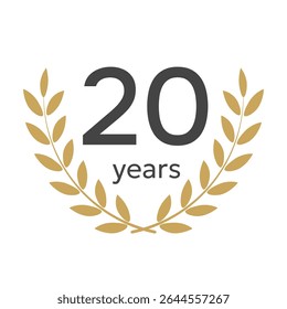 20 years anniversary emblem with golden laurel wreath. Vector illustration