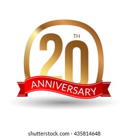 20 years anniversary experience gold label with blue ribbon, vector illustration.